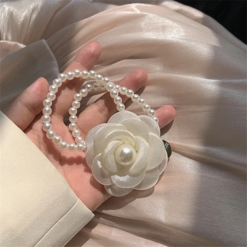 Ivory camellia flower pearl hair elastic band hair tie bracelet